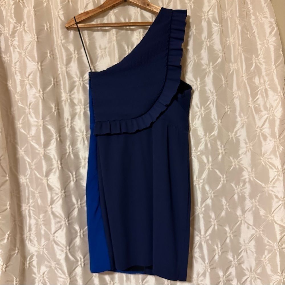 Sandro Rdv Blue One Shoulder Ruffled Crepe Mini Dress - Picture 6 of 14